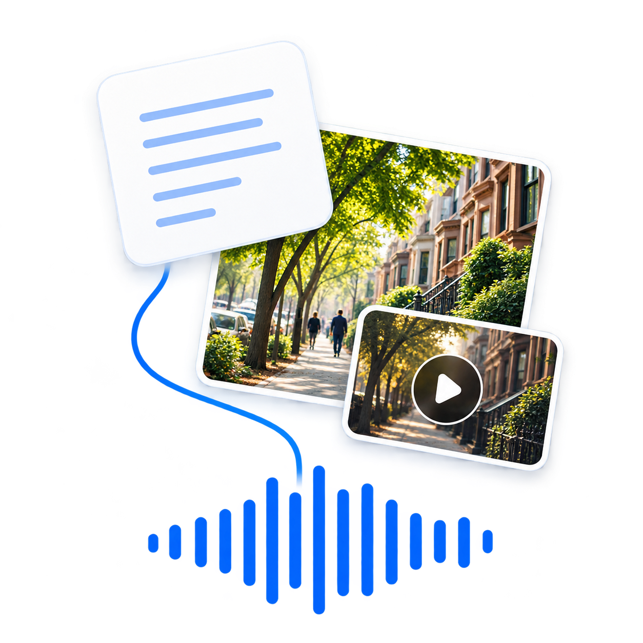 Notes, a photograph and a video flowing into an audio waveform.